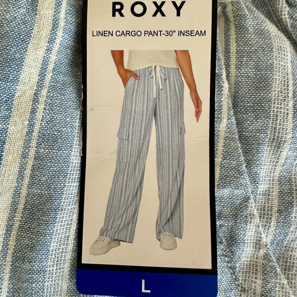 Roxy Women's Linen Blend Cargo Pant Size L Blue Coastal Boho Lightweight (NEW)